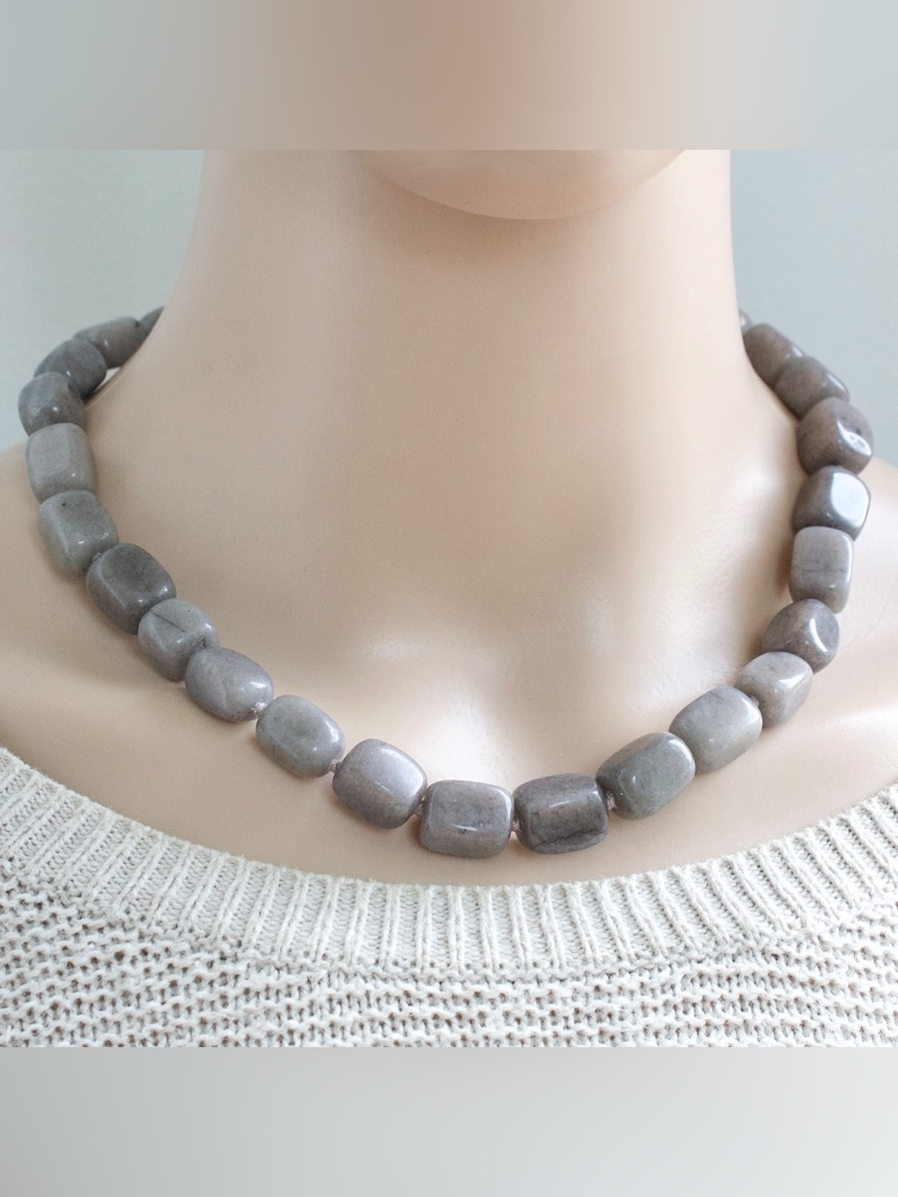 Vintage Gray Gemstone Beaded Necklace Hand-Knotted with Sterling Silver Clasp